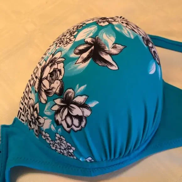Turquoise Padded Bikini Top White Flowers US 12/13 - Picture 10 of 16